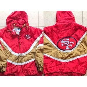 San Francisco 49ers 90s APEX puffer Wave jacket XL hood red gold NFL ProLine vtg